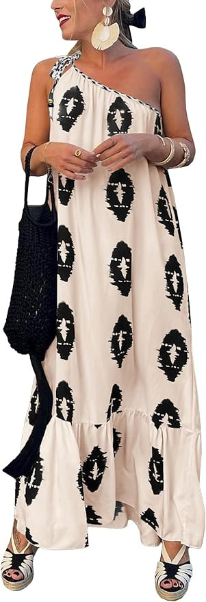PRETTYGARDEN Womens One Shoulder Spaghetti Strap Printed A Line Flowy Boho Maxi Long Sundress | Amazon (US)