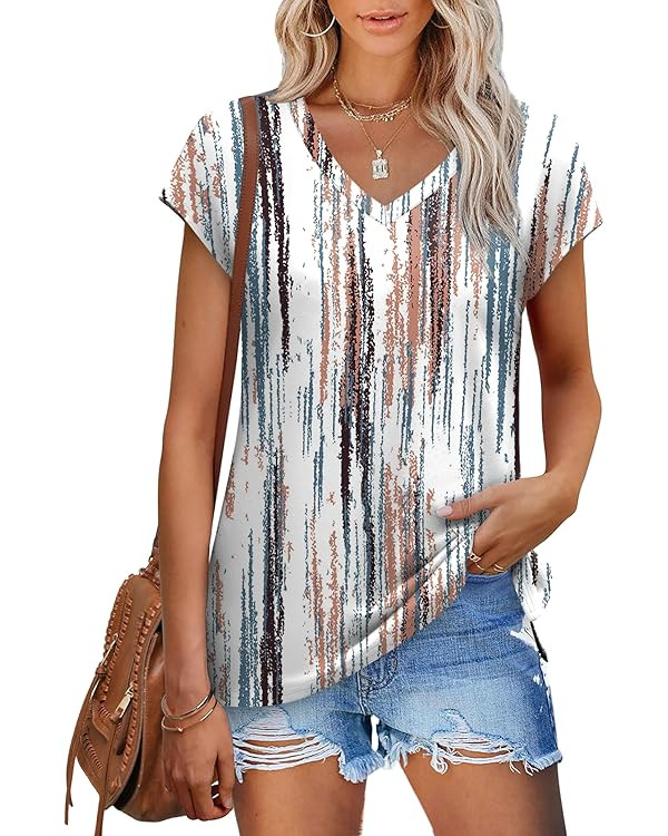 XIEERDUO Womens Tops V Neck Cap Sleeve Loose Fit Tee Shirts Summer Spring 2025 Eyelet/Printed | Amazon (US)
