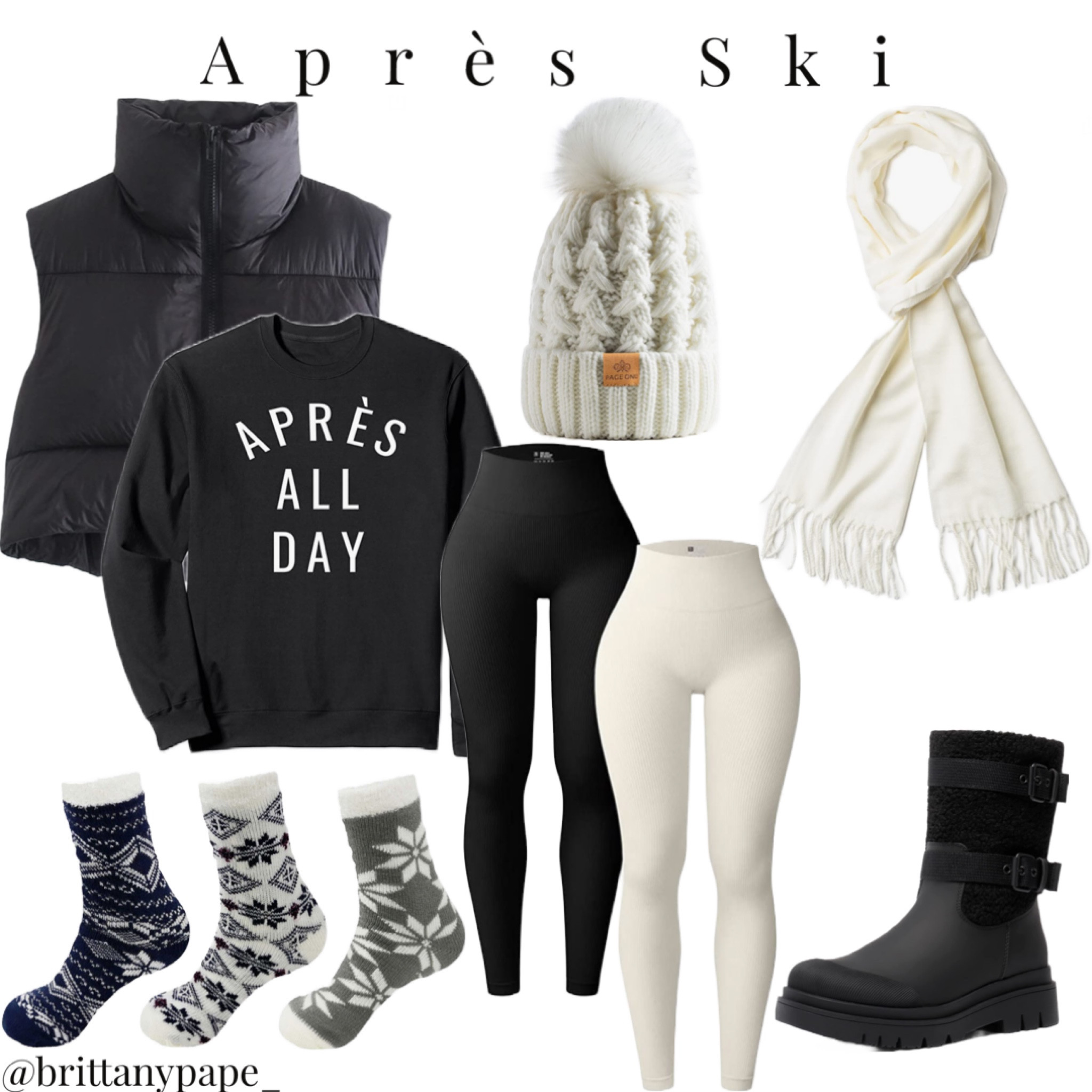 Apres ski outfit Inspo
Puffer vest, cropped puffer vest, black vest, black top, black tee, long sleeve top, ribbed leggings, leggings, black leggings, cream leggings, white leggings, white scarf, black scarf, beanie, cabin socks, slouch socks, boot socks, winter boots, Amazon, Amazon fashion, Amazon find, snow gear, snowsuit, holiday outfit, Christmas outfit, 

#LTKGiftGuide #LTKHoliday #LTKunder50