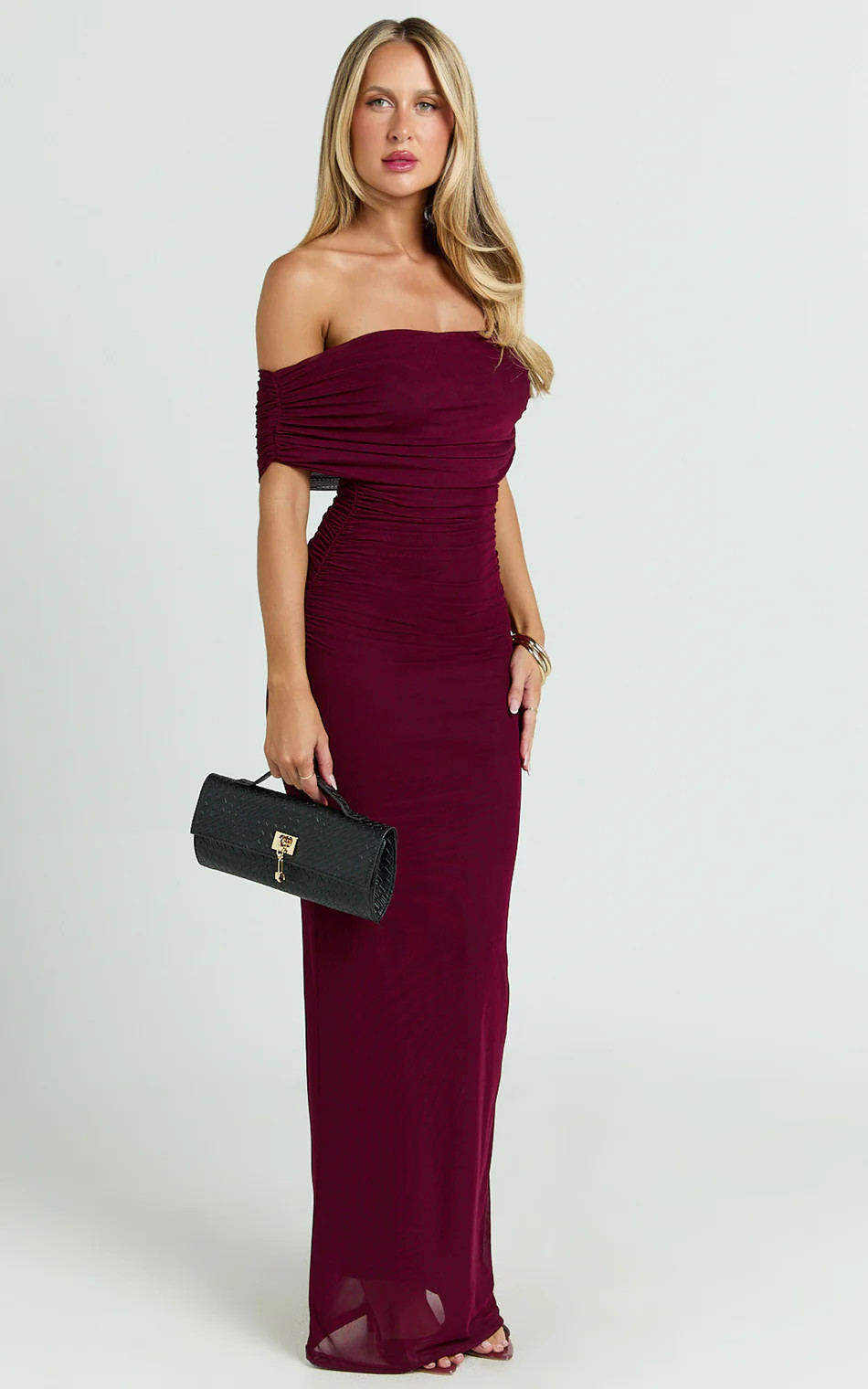Caterina Maxi - Ruched Off Shoulder Mesh Dress in Wine | Showpo (US, UK & Europe)