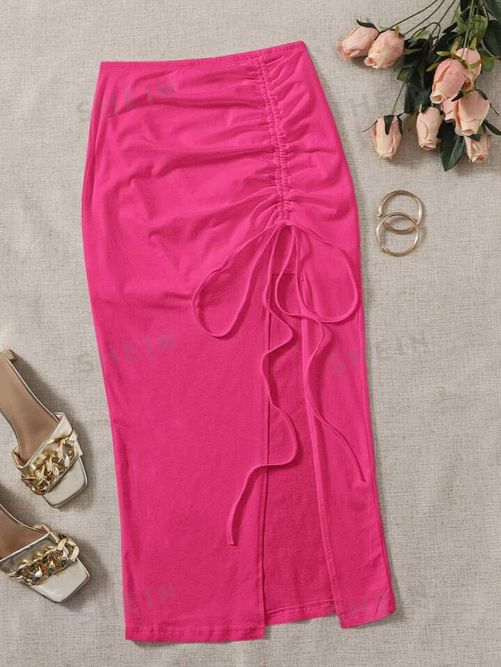 SHEIN Privé Ruched Drawstring Split Thigh Skirt4.89(1000+) | SHEIN