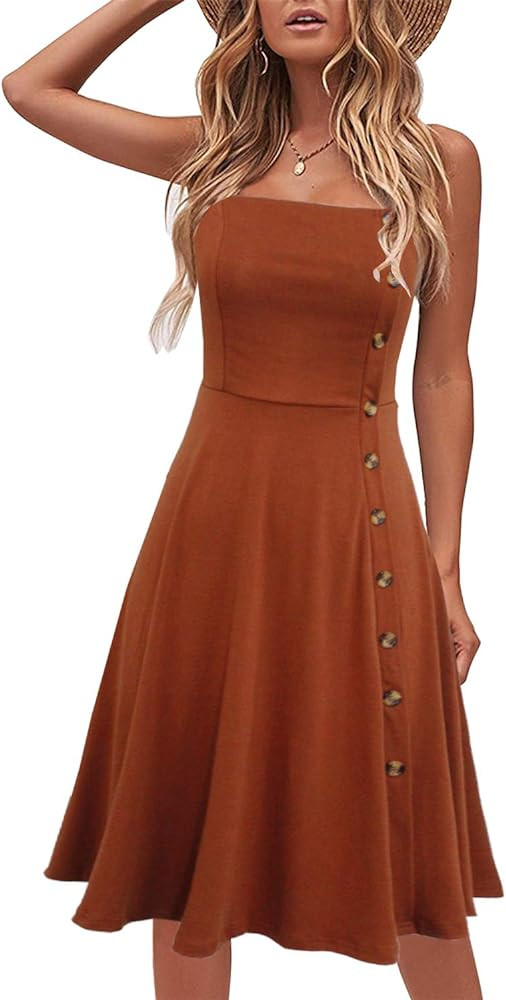 Women's Casual Summer Beach Flattering Flowy A-Line Spaghetti Straps Solid Cotton Button Down Mid... | Amazon (US)