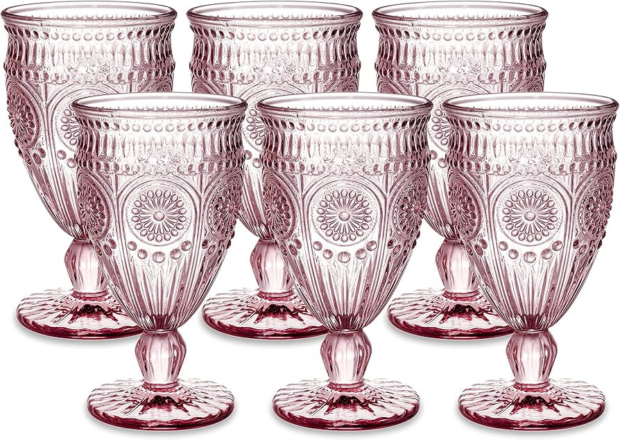 Kingrol 6 Pack Vintage Water Goblets, 10 oz Wine Glasses, Mixed Drink Glasses, Romantic Pink Drin... | Amazon (US)