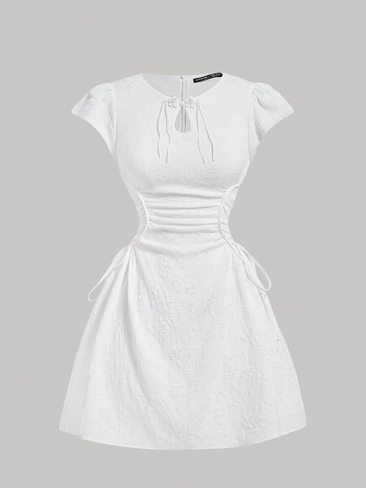 SHEIN MOD Women White Jacquard Short Sleeve Dress With Waist Pleats And Belted Buckle Round Neckl... | SHEIN