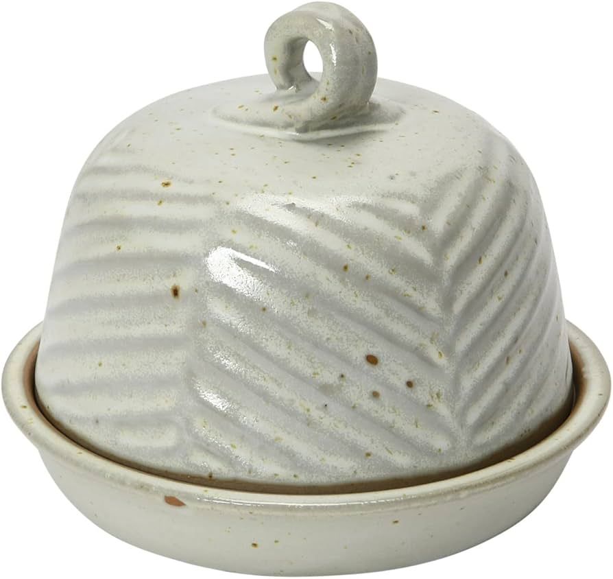Creative Co-Op Embossed Stoneware Domed Dish with Handle, White Reactive Glaze Food Storage, 6" L... | Amazon (US)