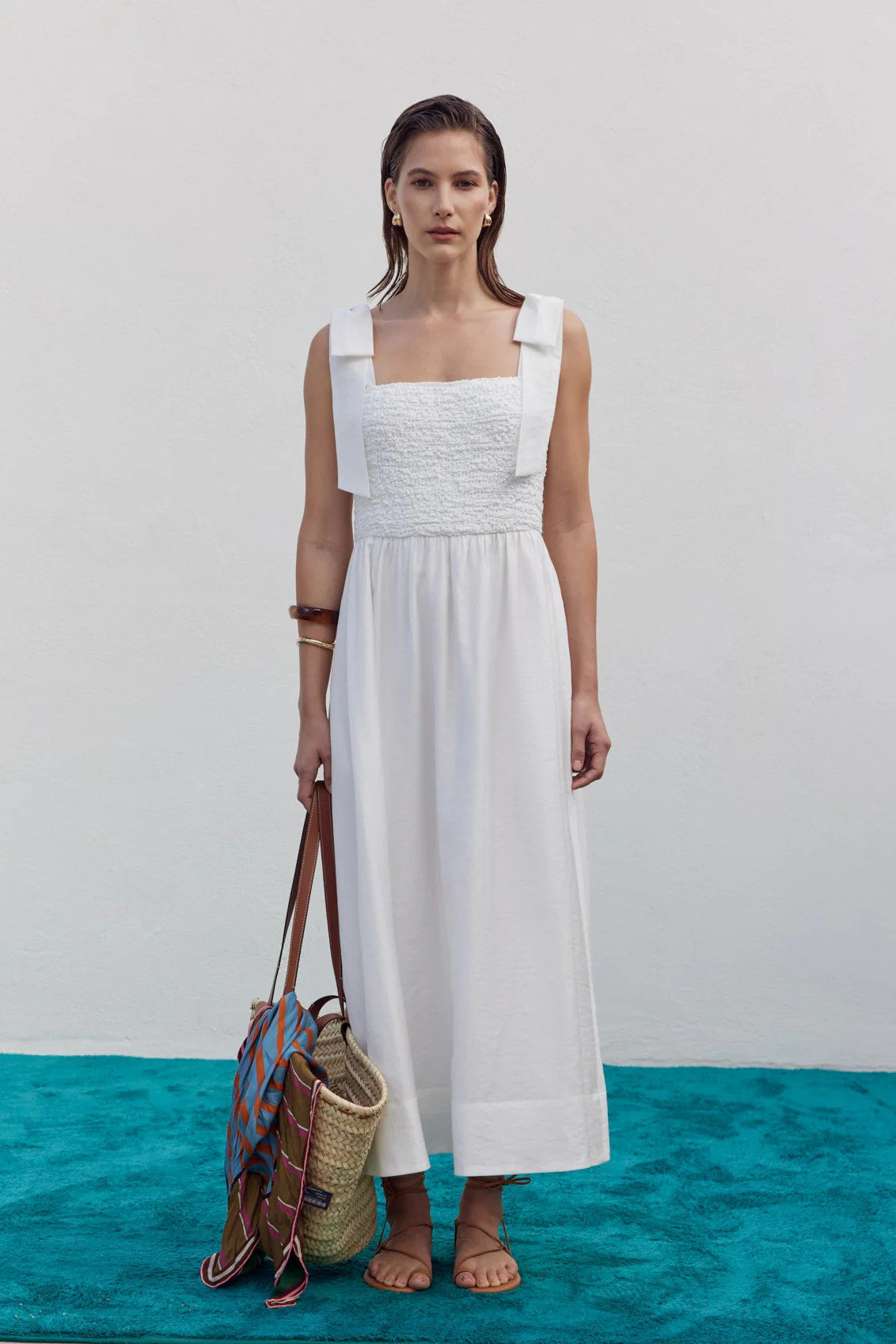 Smocked Bodice Bow Strap Midi Dress | English Factory