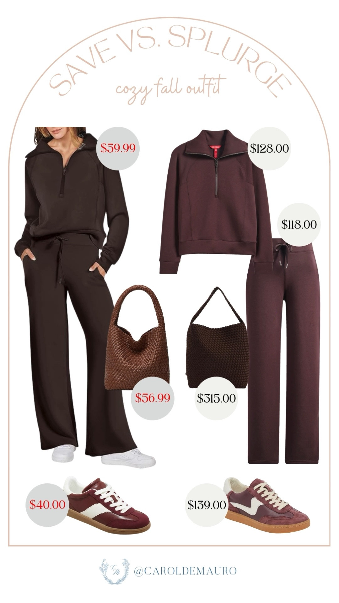 This save vs. splurge outfit shows you how to rock a comfy monochrome set at two different price points. Perfect outfit for errand day or just grabbing a quick brunch!

cozy fall outfit, chocolate browns, burgundy finds, affordable style, lounge wear, easy to wear, on-the-go look, shoe inspo

#LTKStyleTip #LTKSeasonal #LTKU