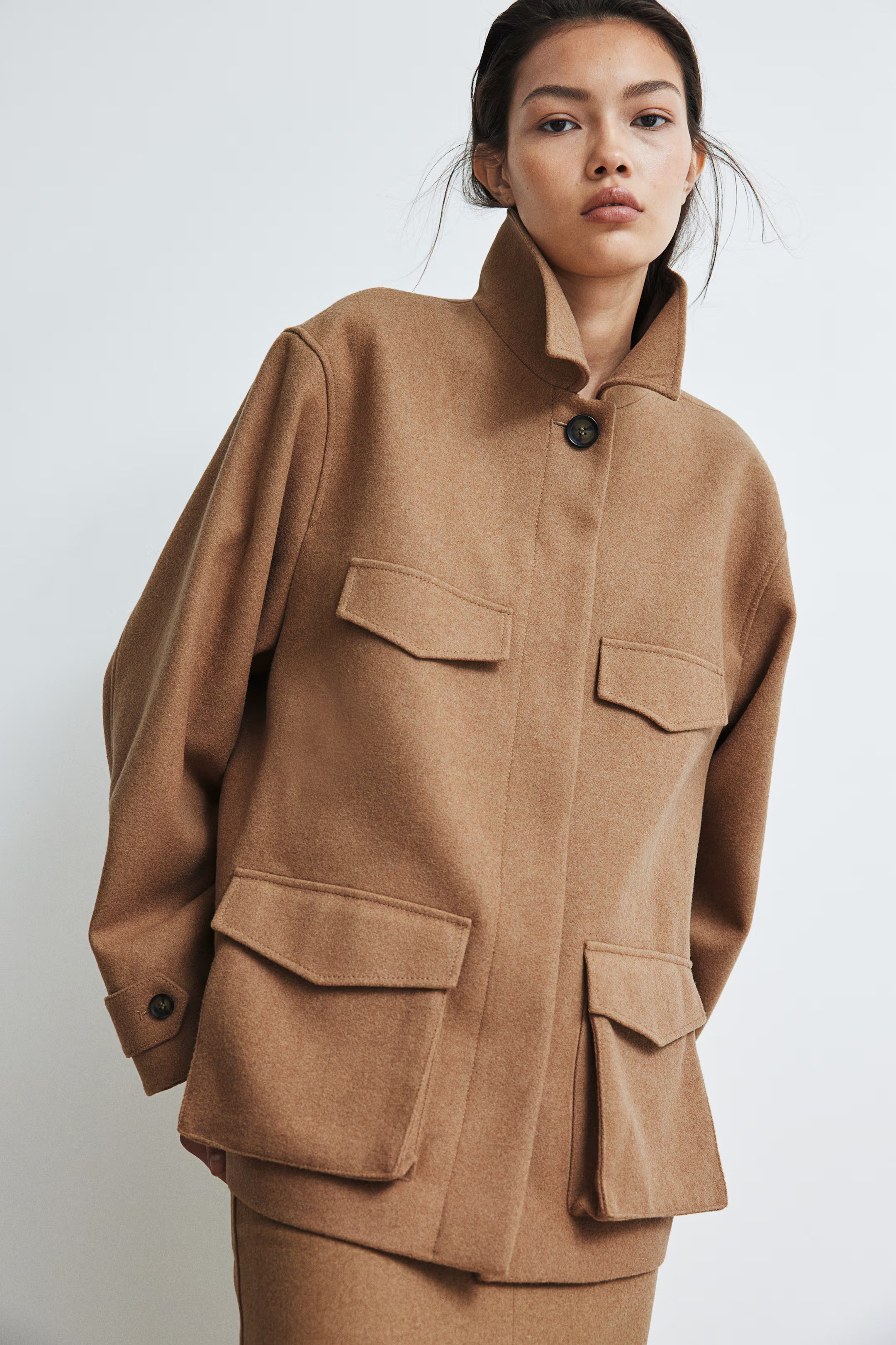 Jacket with Collar - Long sleeve - Long - Dark beige - Ladies | H&M US | H&M (US + CA)