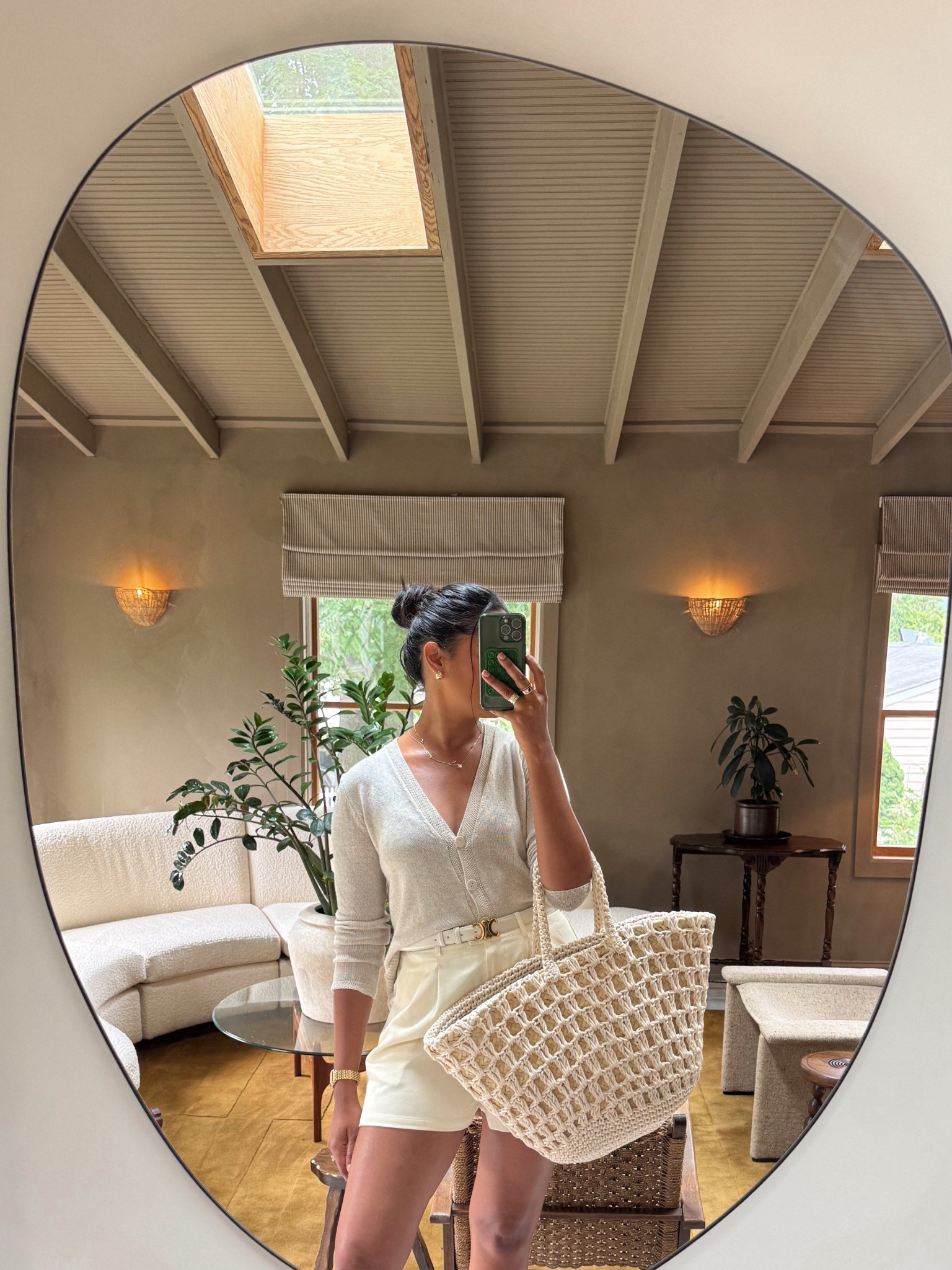 Perfect summer outfit, monochromatic, cream shorts, knit cardigan, crochet tote bag!