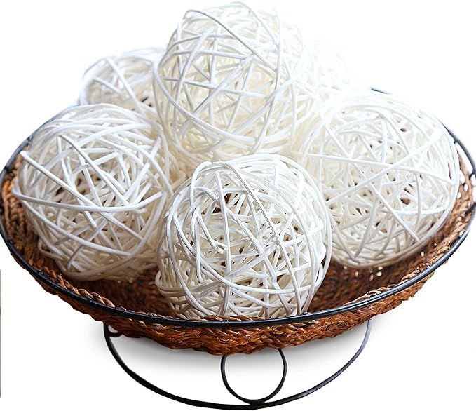 Qingbei Rina 4“ Wicker Rattan Balls(Set of 6) White Bowl Filler and Hanging Orb House Ornaments... | Amazon (US)