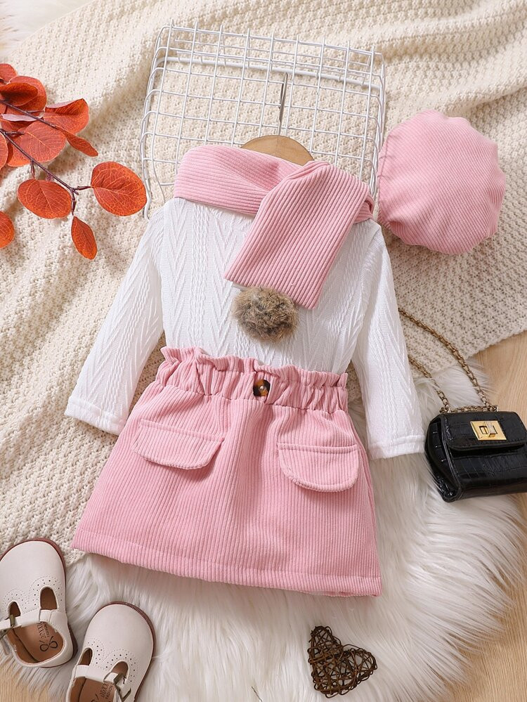 Baby Solid Tee & Paper Bag Waist Skirt & Scarf & Hat | SHEIN