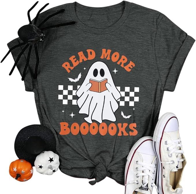 Halloween Teacher Shirts for Women Groovy Read More Books Ghost T-Shirt Short Sleeve Halloween Pa... | Amazon (US)