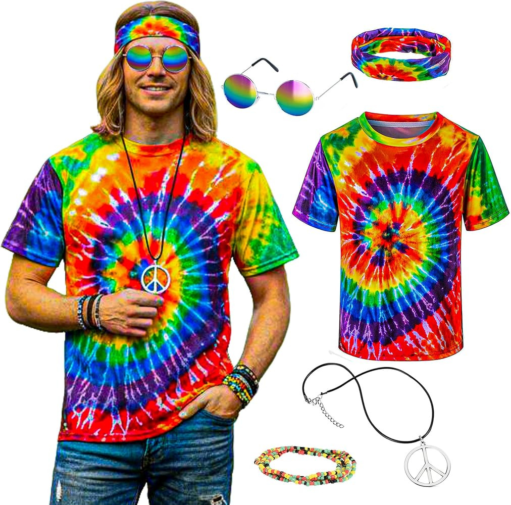 Hippie Costume for Men Momen 60s 70s Colorful T-Shirt 5 PCS Accessories Set for Theme Party | Amazon (US)