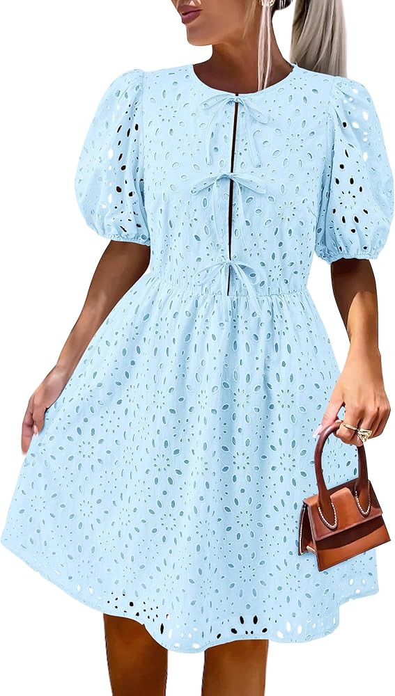 KIRUNDO Womens Summer Dresses 2025 Short Puff Sleeve Open Tie Front Eyelet Hollow Out A Line Wedd... | Amazon (US)