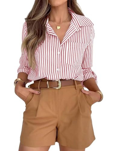 Amazon.com: siliteelon Button Down Dress Shirts for Women Striped Shirts Long Sleeve Casual Colla... | Amazon (US)