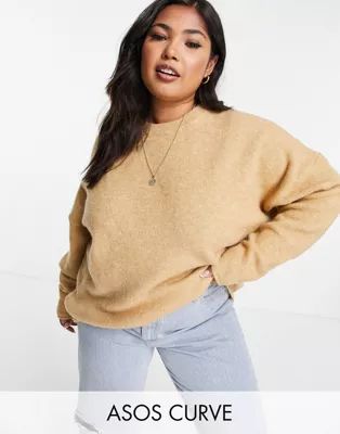 ASOS DESIGN Curve oversized sweater with volume sleeve in camel | ASOS (Global)