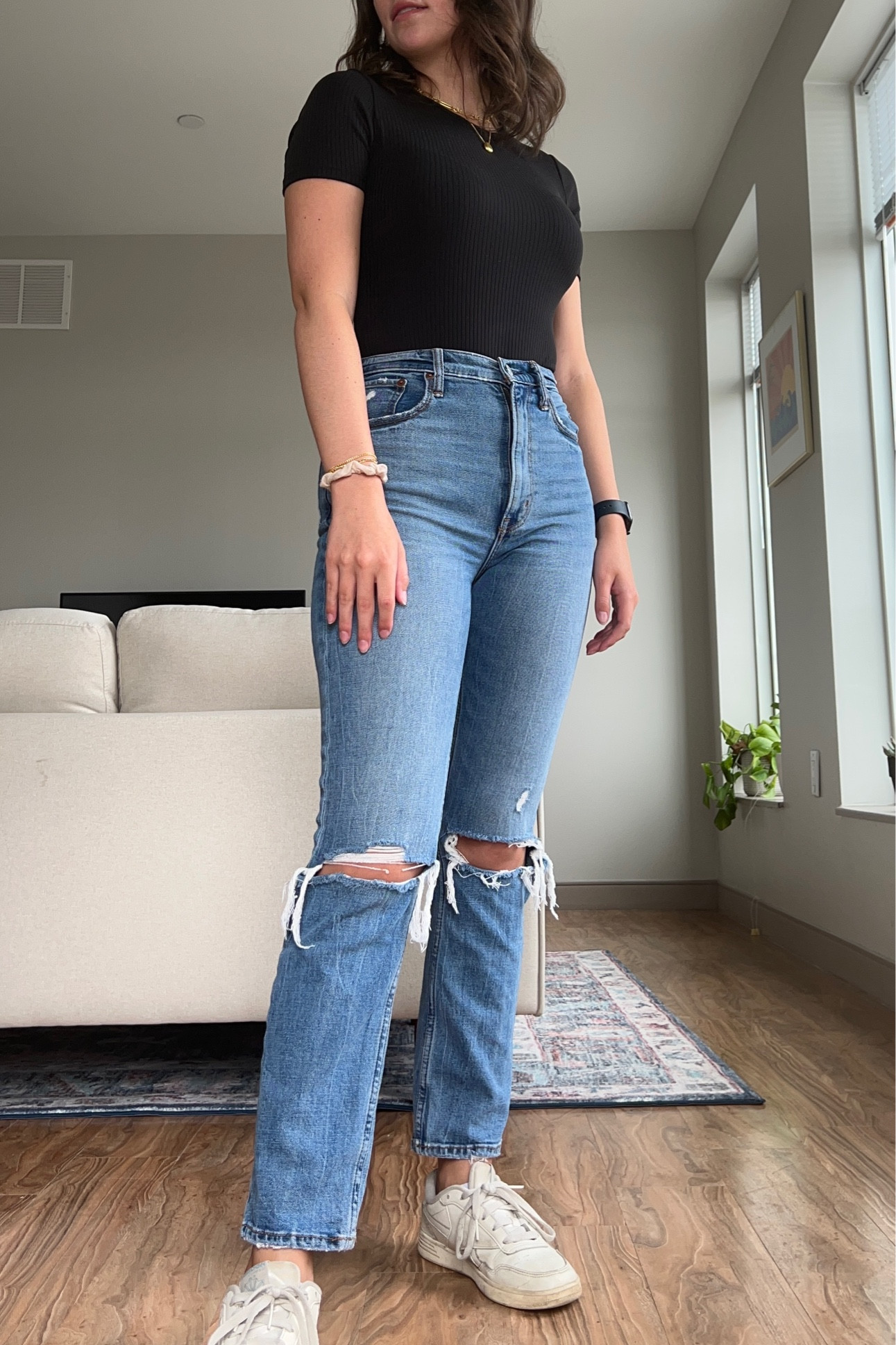 casual everyday outfit - perfect for school, errands, dinner, going out, college class, anything!🫶

high waisted jeans, black bodysuit, gold layered necklaces, apple watch, reebok shoes, white sneakers, reebok white sneakers, abercrombie jeans, abercrombie and fitch

#LTKSeasonal #LTKstyletip #LTKSale