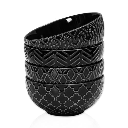 Sureasy Ceramic Cereal Bowls Set of 4, 5.9 Inch Deep Soup Bowls for Kitchen, 25 oz Embossed Stoneware Bowls for Pasta, Salad, Oatmeal, Noodle, Ramen, Microwave Dishwasher Safe, Set of 4, Black | Amazon (US)