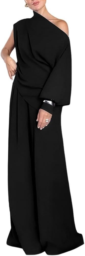 CHICME Womens Elegant 2 Piece Outfits One Shoulder Lantern Sleeve Side Slit Top and Flowy Wide Le... | Amazon (US)