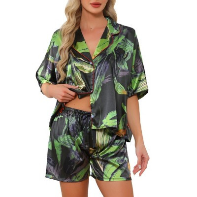 INSPIRE CHIC Women's 2 Pcs Satin Pajama Sets Floral Print Button Down Short Sleeves Tops with Shorts Summer Sleepwear Lounge Sets X-Large Black | Target