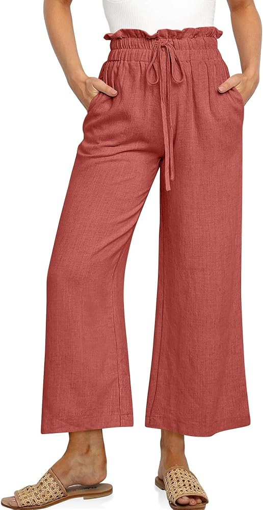 UEU Women's Linen Pants Summer Wide Leg Casual Loose High Waist Drawstring Capri Palazzo Pants Tr... | Amazon (US)