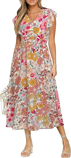 BerryGo Womens Summer Floral Maxi Dress Casual Boho V Neck Ruffle Short Sleeve Beach Long Dresses... | Amazon (US)