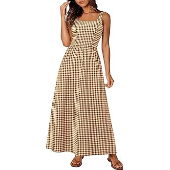 PRETTYGARDEN Women's 2025 Summer Spaghetti Strap Maxi Dresses Plaid Square Neck A Line Casual Bea... | Amazon (US)
