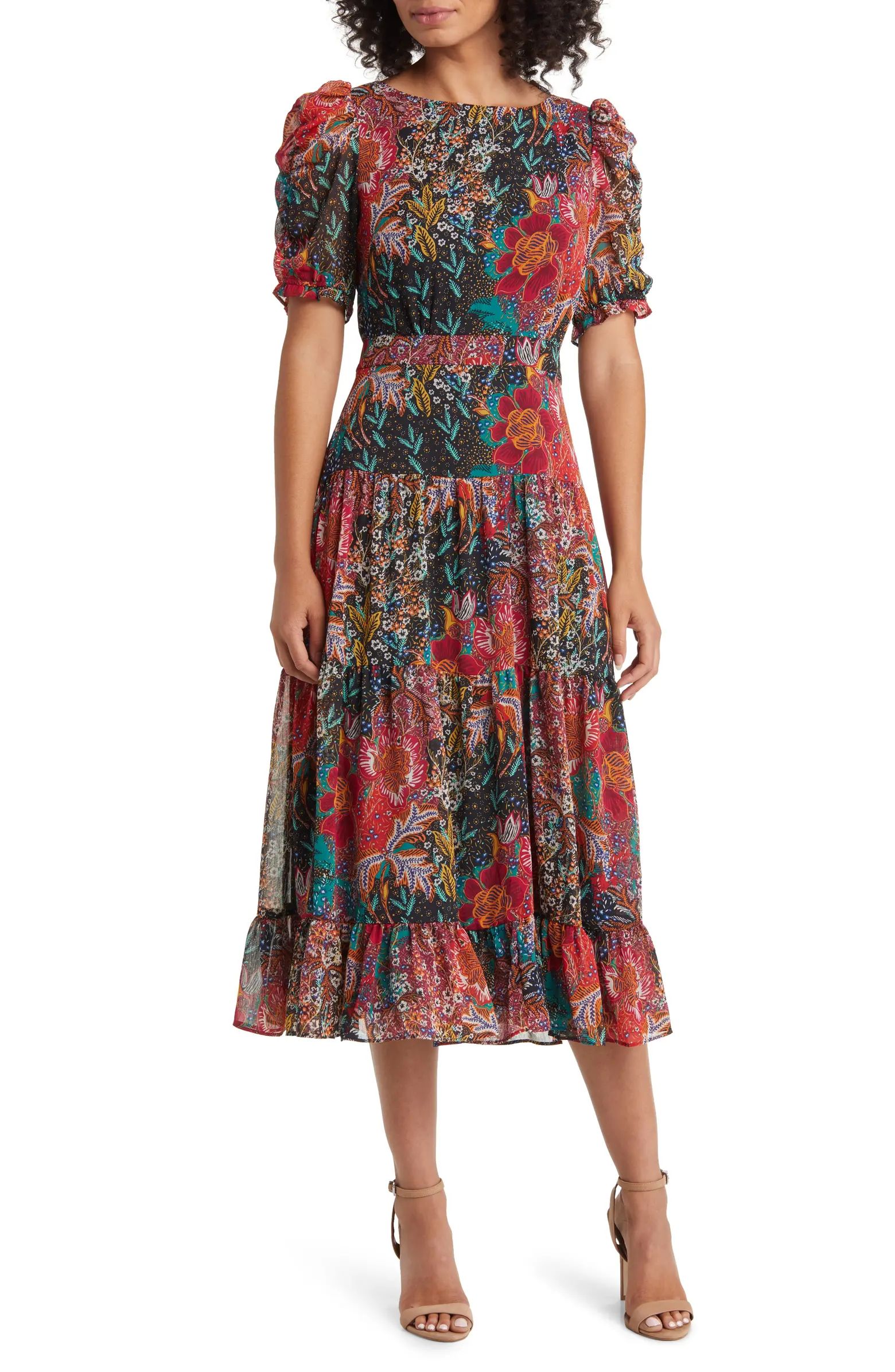 Vince Camuto Floral Puff Sleeve Chiffon Midi Dress | Nordstrom | Nordstrom