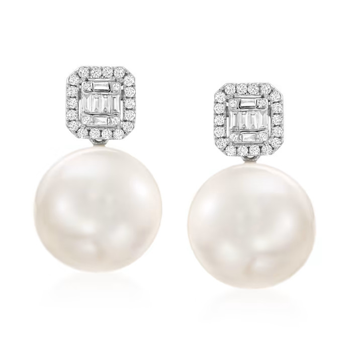 12-14mm Cultured Pearl and .42 ct. t.w. Diamond Earrings in 18kt White Gold | Ross-Simons