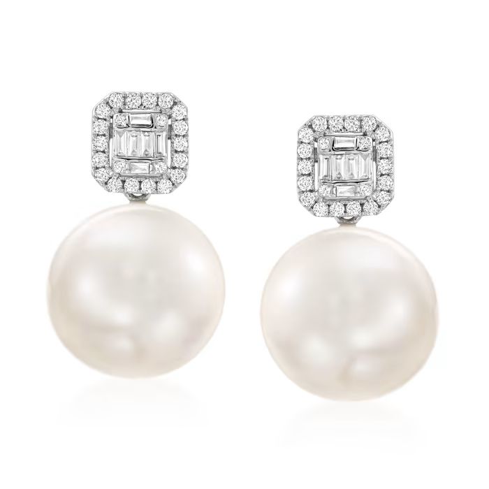 12-14mm Cultured Pearl and .42 ct. t.w. Diamond Earrings in 18kt White Gold | Ross-Simons