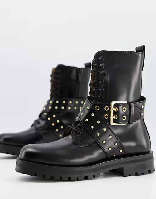 & Other Stories leather cross strap stud detail chunky flat boots in black | ASOS | ASOS (Global)
