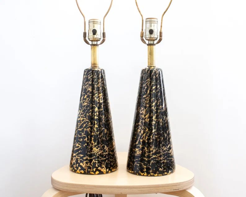 Working MCM Black and Gold Ceramic Lamp Pair | Etsy (US)