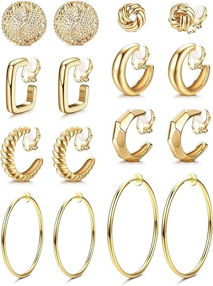 THUNARAZ 8 Pairs Gold Clip On Earrings for Women 14K Gold Plated Chunky Clip On Hoop Earrings Non... | Amazon (US)