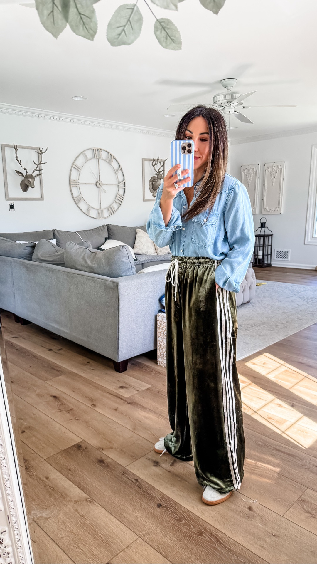 Velvet track pants small. Denim shirt small.

#LTKOver40 #LTKPetite #LTKSaleAlert