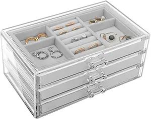 Emibele Jewelry Box, 3 Drawers Velvet Jewelry Organizer for Ring Earring Necklace Bracelet Displa... | Amazon (US)