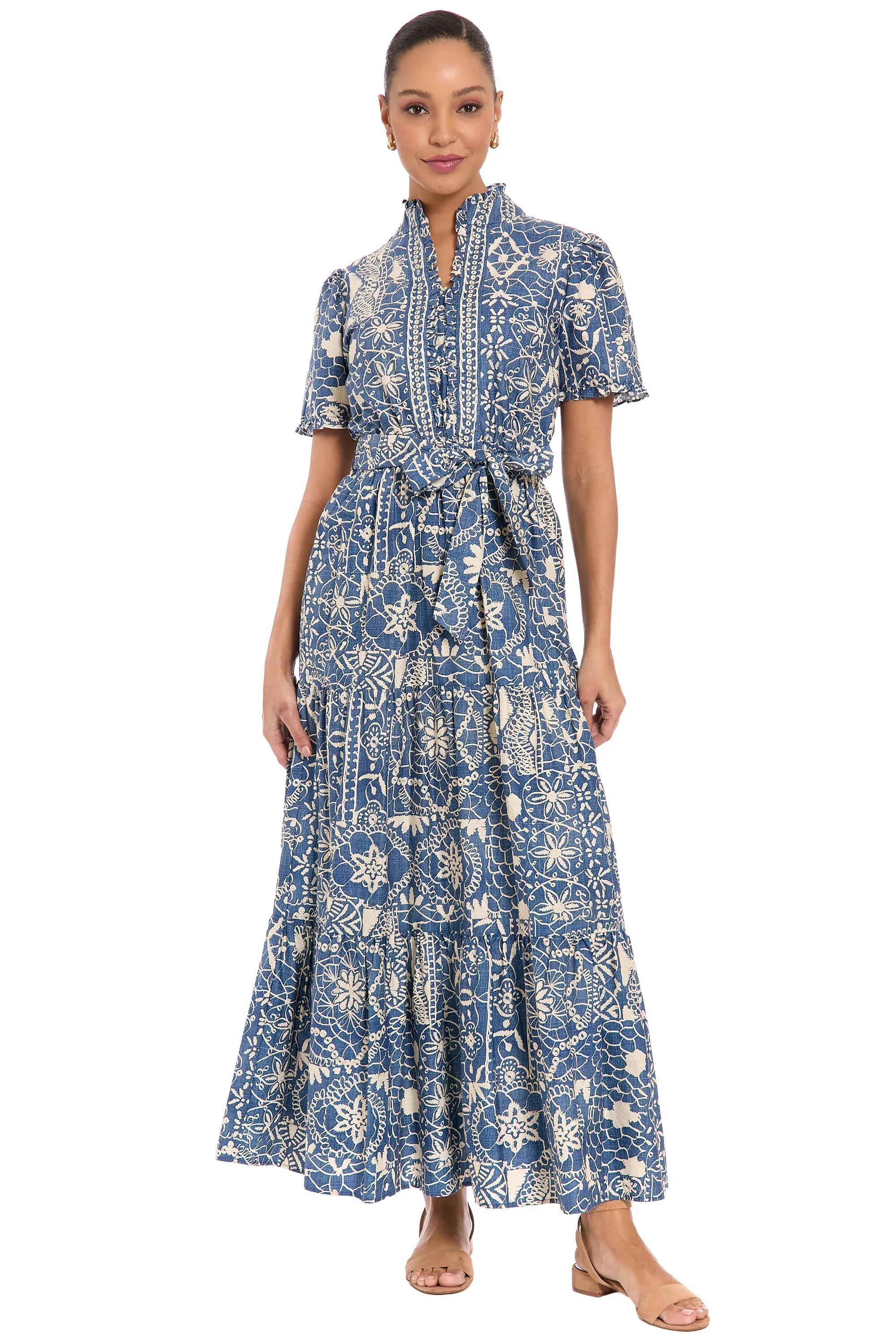 Mackenzie Cotton Ruffle Sleeve Maxi in Lace Denim | London Times | Maggy London