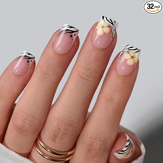 BTArtbox French Tip Press On Nails - Isle Plumeria, Easy-to-Apply Flower Short Square Press On Na... | Amazon (US)
