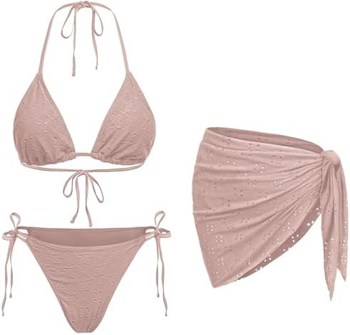 Women 3 Piece Swimsuits - Sexy Triangle Bikini Sets with Cover Up Halter String Tie Side Bathing ... | Amazon (US)