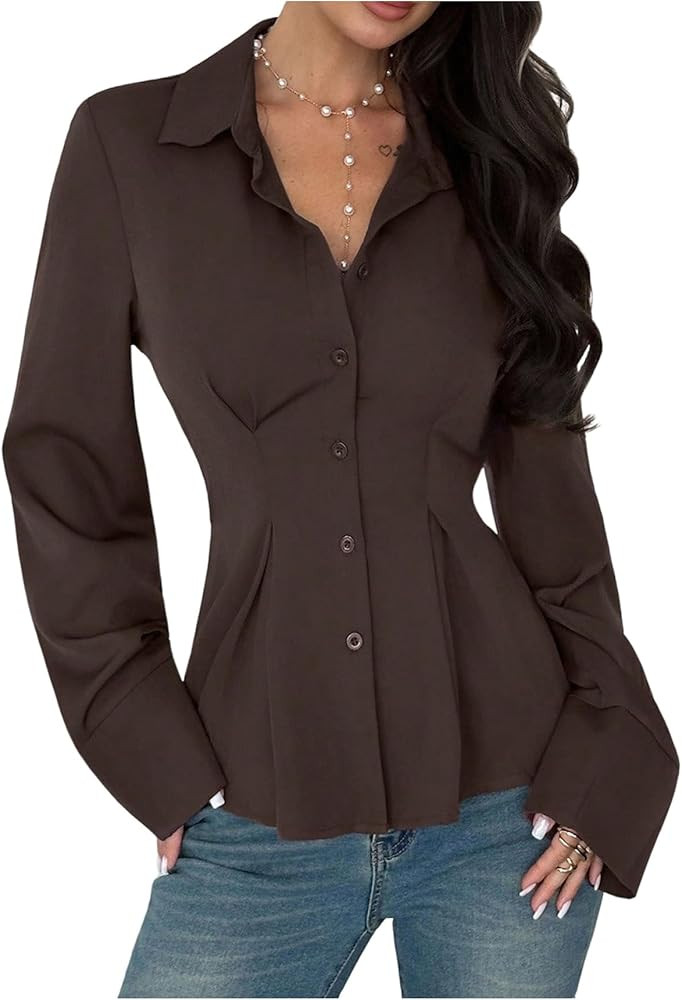 MakeMeChic Women's Pleated Button Down Shirt Long Sleeve Collar Flared Hem Fall Business Tops | Amazon (US)