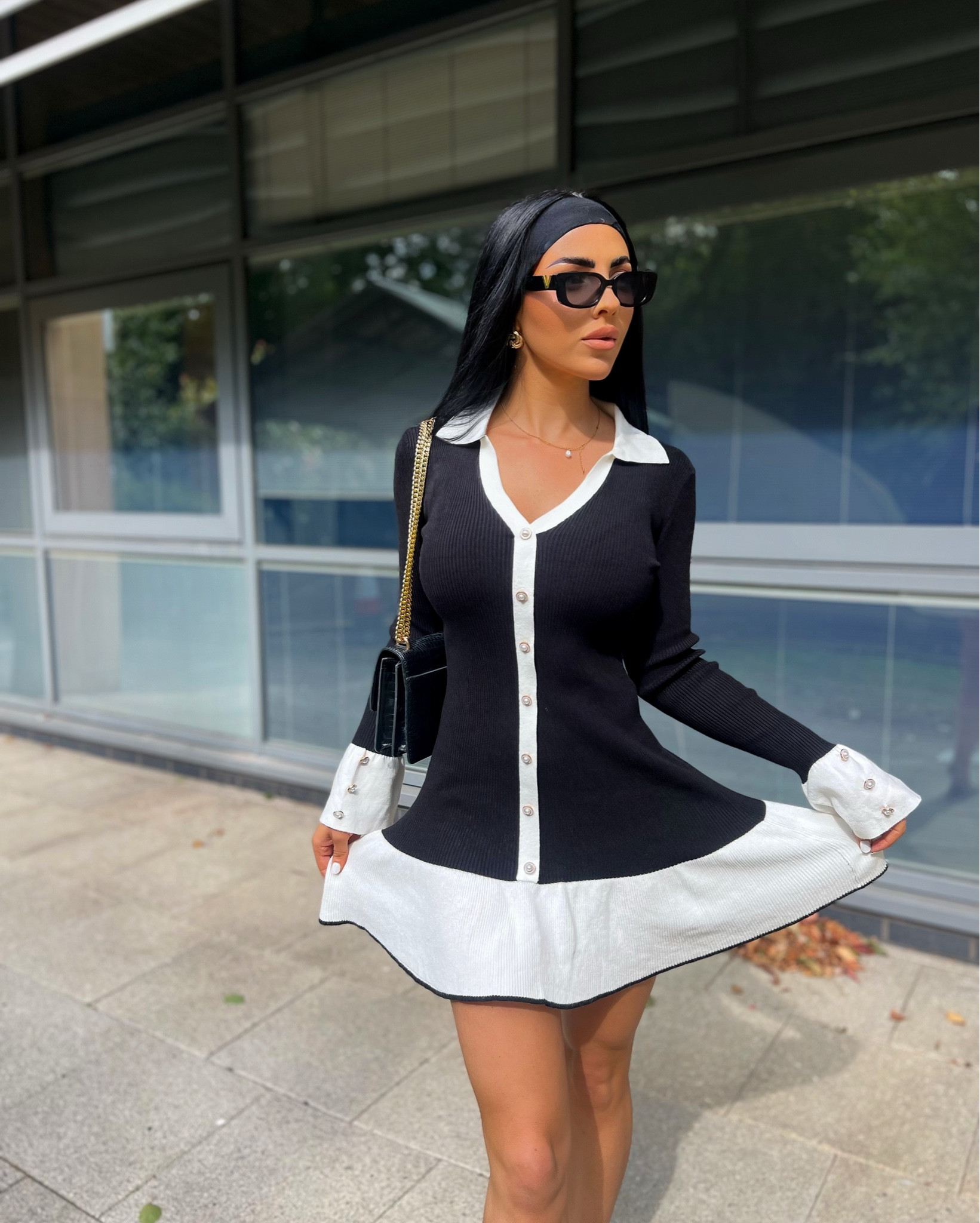 Effortlessly chic in this black + white button-down mini dress 🤍🖤 Loving the structured collar and cuff details that give it that polished, elevated vibe. Styled with gold accents, a classic black bag, oversized sunnies, and a sleek headband for a timeless, city-girl look ✨

#LTKdresses #LTKuk #LTKautumn