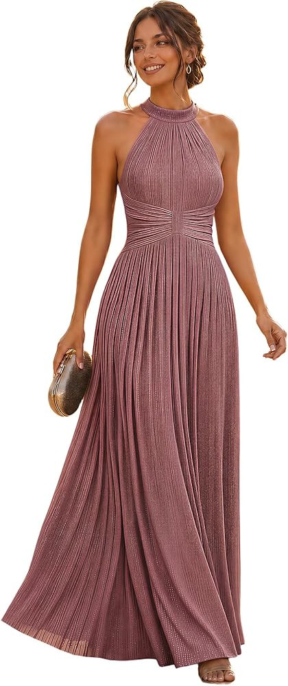 Ever-Pretty Women's Elegant Halter Formal Dresses Evening Gowns Pleated Glitter Floor Length Wedd... | Amazon (US)