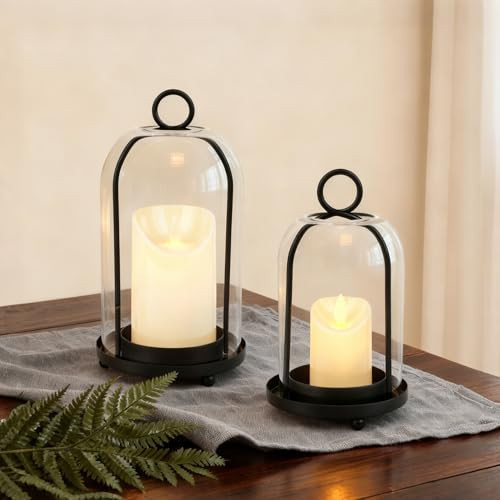 Glass Hurricane Candle Holder Decorative Gold Candle Lantern, Pillar Candlestick Holders Set of 2, Hanging Metal Holder Modern Table Centerpieces, Black | Amazon (US)
