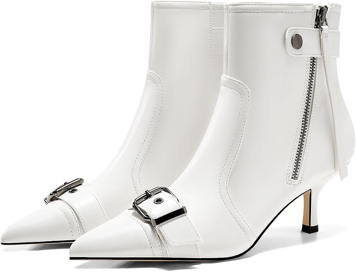 Coutgo Womens Kitten Heel Ankle Boots Pointed Toe Buckle Side Zipper Tassel Fall Winter Booties S... | Amazon (US)