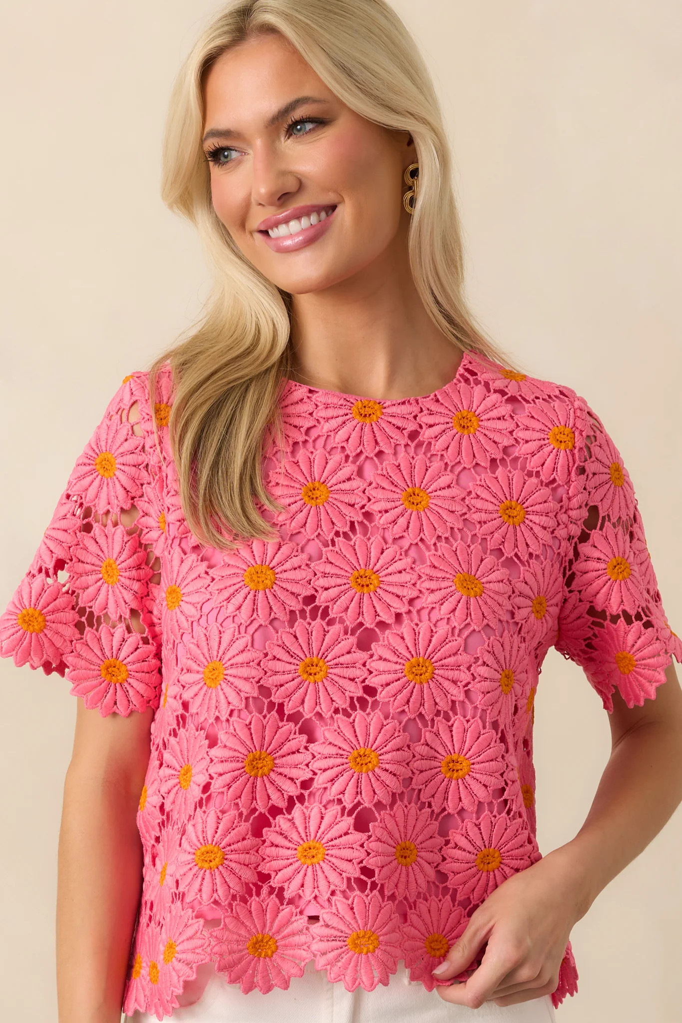 Reading My Mind Hot Pink Floral Embroidered Lace Bow Back Top | Red Dress