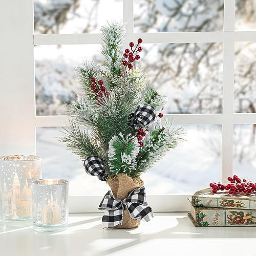 Glitzhome Snow Christmas Tree for Tabletop Decor, 21" H Mini Christmas Flocked Pine and Berries Artificial Table Trees with Durable Cement Cloth Bag Base for Xmas Holiday Festival Decor | Amazon (US)