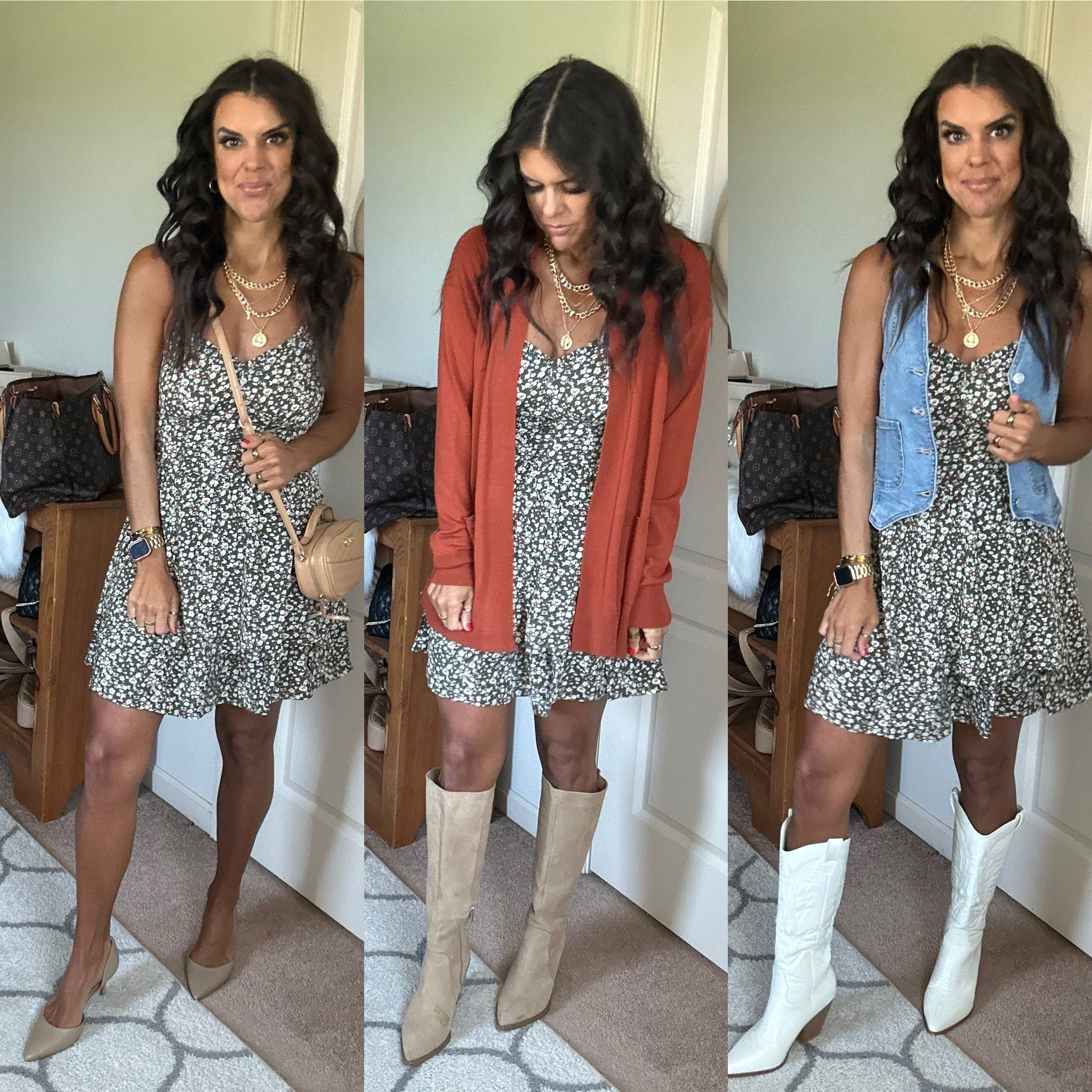 $11 Walmart dress! Wearing size small
Xs in vest 
Small in cardigan 
Shoes fit true to size 

#LTKFindsUnder100 #LTKSaleAlert #LTKStyleTip