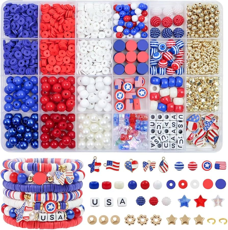 750 PCS Patriotic Beads for Bacelets, Independence Day Bead Red White and Blue Polymer Clay, with... | Amazon (US)