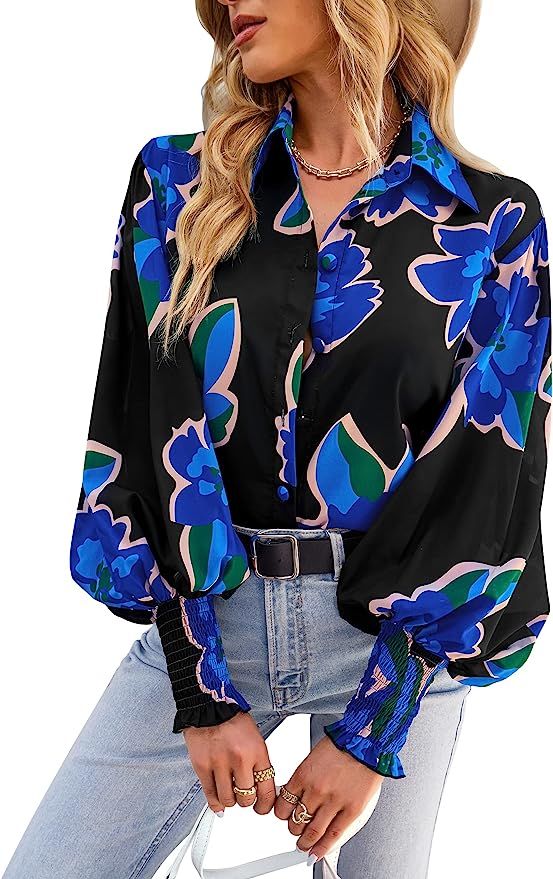 KAYWIDE Women's Fashion Casual Button Down Shirts Long Sleeve V Neck Chiffon Blouses Tropical Flo... | Amazon (US)