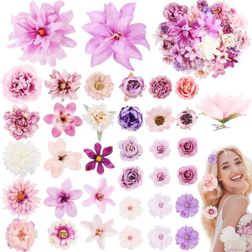 36 Pcs Flower Hair Clips Artificial Hair Flowers Clips Purple Flowers Mix Silk Flowers Dahlia Roses with Clip for DIY Wedding Bridal Hairstyles, Baby Shower, Costume Decor | Amazon (US)