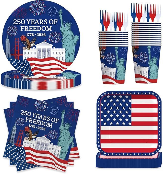 120PCS Flag Day 4th of July Plates and Napkins Set with Cups, Patriotic Party Supplies with 9" Plates, 7" Dessert Plates, Napkins, 9oz Cups & Forks, Independence Day Decorations for BBQ | Amazon (US)